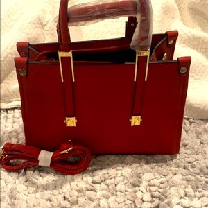 NWT small red boxy purse. Chrome detail.